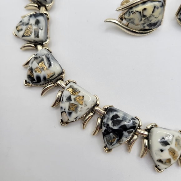 VTG Coro Demi-Parure: Gold Tone Setting | White, Black, Gold "Confetti" | SIGNED - Picture 6 of 13